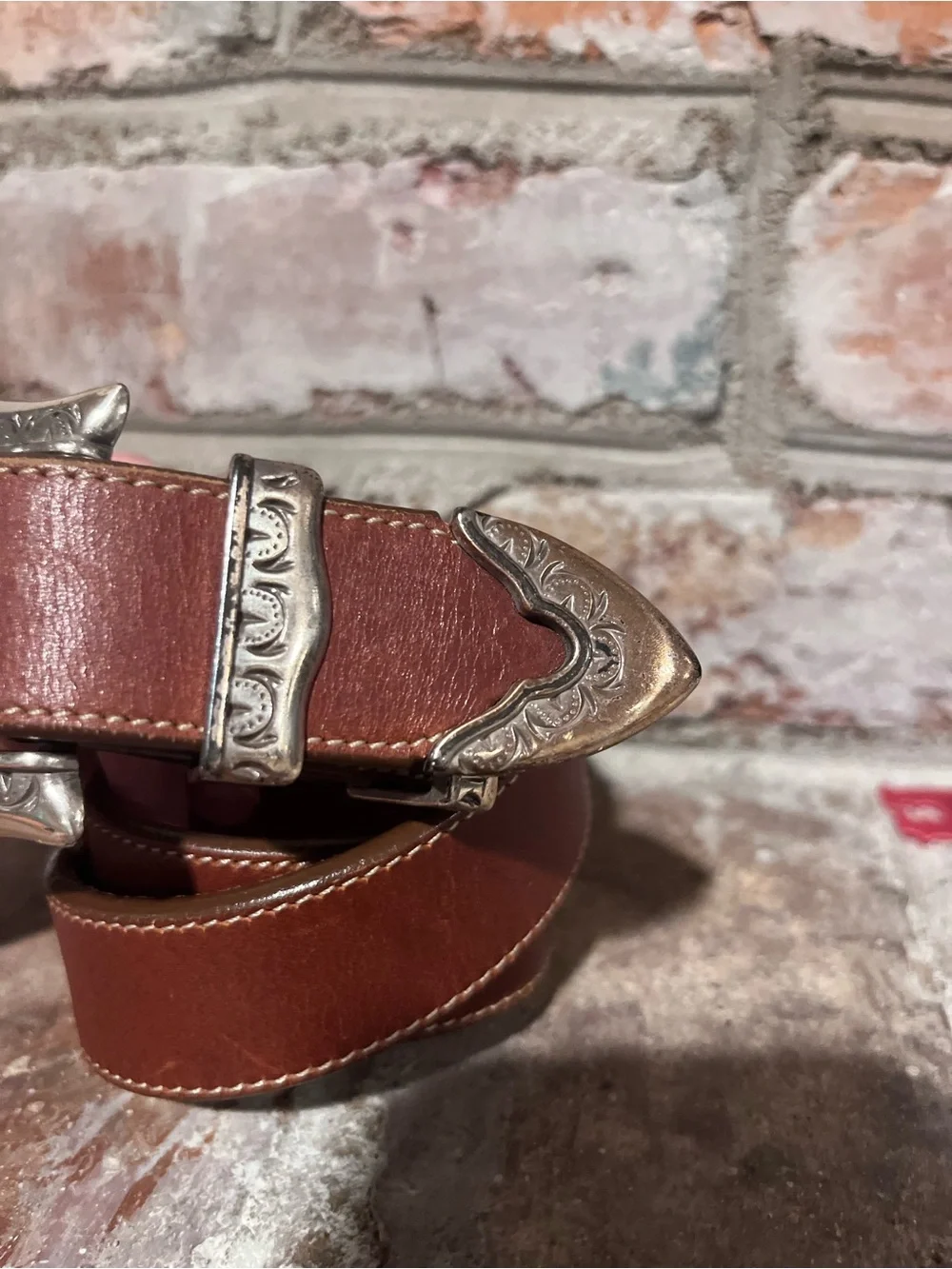 Brown Leather Brighton Belt with Engraved Silver Buckle 26